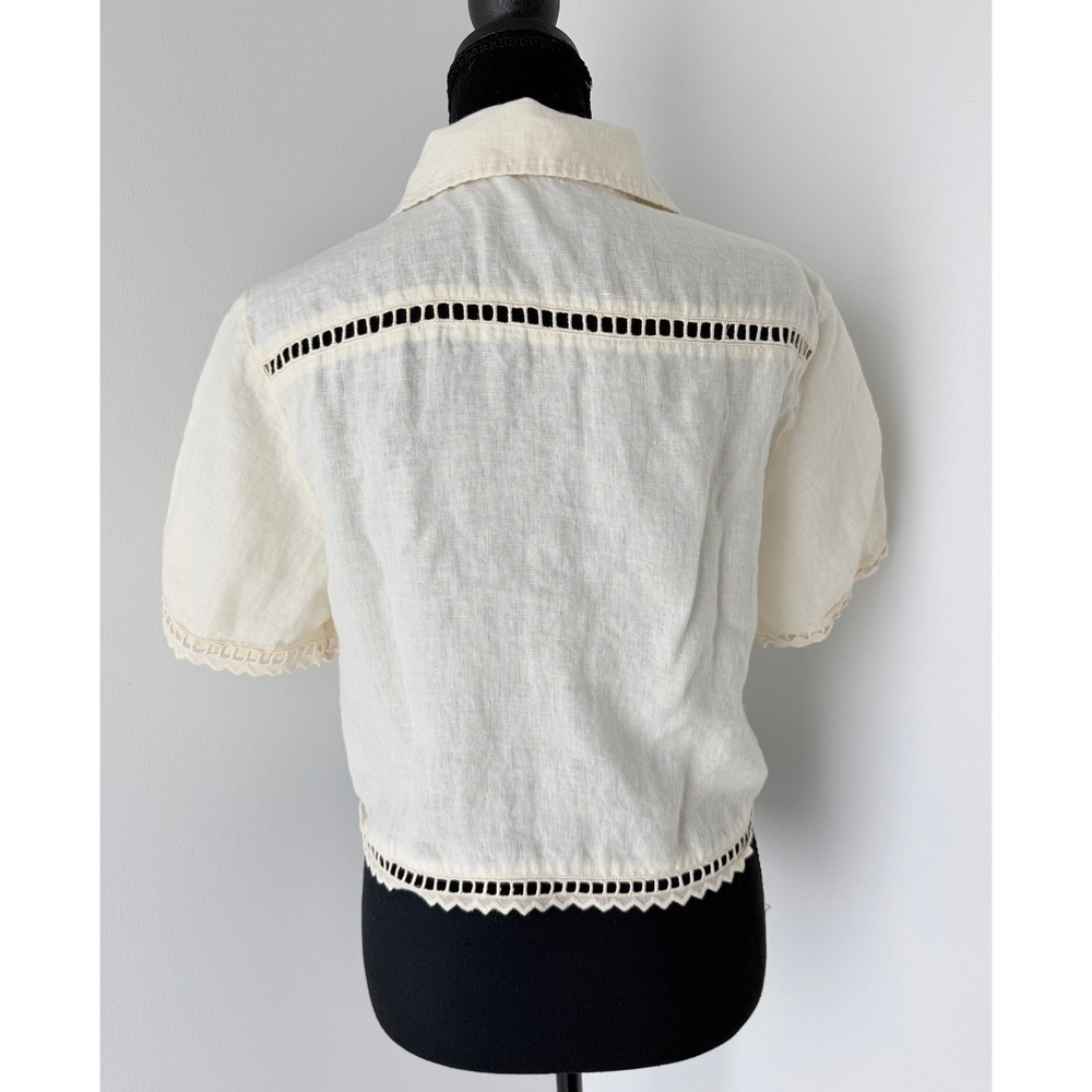 Abercrombie Linen Ivory Boxy Short-Sleeve Button-Down Lace Trim Coastal Summer S - Picture 2 of 8